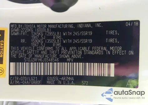 2018 Toyota Highlander Se z USA, uszkodzony, nr VIN 5TDJZRFH6JS548546